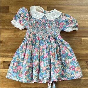 Vintage Girls Floral Smocked Dress with Eyelet Collar